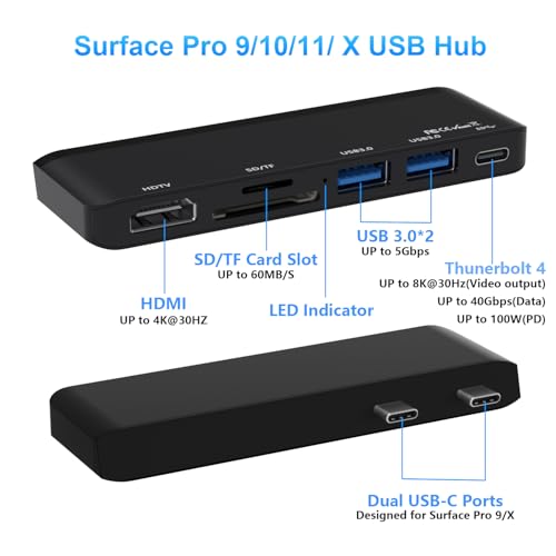 Surface Pro 9/10/11/X Accessories, Surface Pro 9 Docking Station with 4K HDMI, USB-C Thunerbolt 4 (Display+Data+PD Charging), 2 USB 3.0, SD/TF Card Reader for Surface Pro 9/Pro10/Pro11/ProX - color: Black