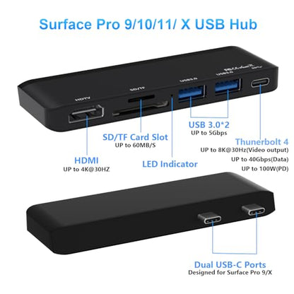 Surface Pro 9/10/11/X Accessories, Surface Pro 9 Docking Station with 4K HDMI, USB-C Thunerbolt 4 (Display+Data+PD Charging), 2 USB 3.0, SD/TF Card Reader for Surface Pro 9/Pro10/Pro11/ProX - color: Black