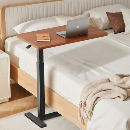 Adjustable Overbed Bedside Table with Wheels, Rolling Laptop Table, Pneumatic Adjustable Hospital & Home Use Bed Table, Mobile Standing Desk, Brown - color: Brown, style: Non-Tiltable