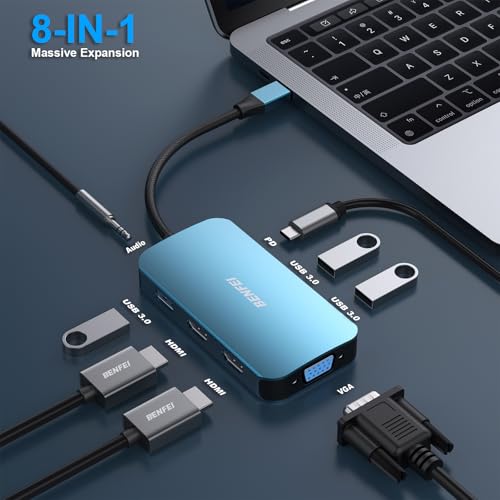 BENFEI USB C Docking Station, 8-in-1 USB C Hub with Triple Display Dual HDMI, VGA, 3*USB 3.0, 100W Power Delivery, 3.5mm AUX Audio Compatible with MacBook Pro, XPS and More - color: Blue, size: 8-in-1