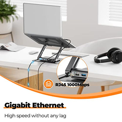 Tobenone Laptop Docking Station Stand for MacBook Pro/Air/Dell/HP/Surface/Lenovo, Mac Docking Station with 4K HDMI, USB 3.0, RJ45, PD 3.0, USB C Laptop Stand Hub for Desk with 360 Rotating Base Grey