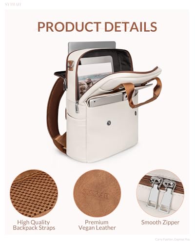 Leather Laptop Backpack 15.6 inch Womens Computer Bag Beige | 3-in-1 laptop purse: Dedicated 15.6" Compartment, 7-Pocket Organizer, Colorful Shoulder Strap, Work & Travel Ready - color: Beige Brown