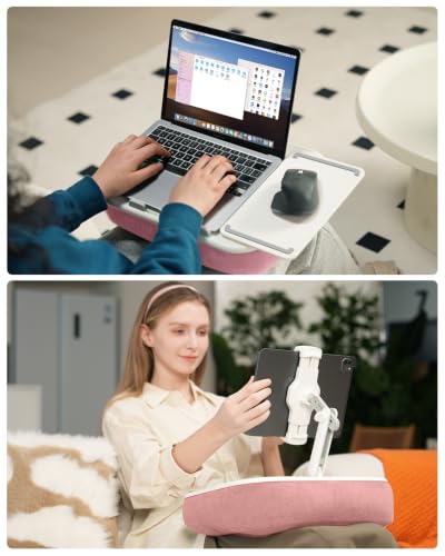 Viozon Kindle Pillow Stand Holder, Phone Holder for Bed, Laptop Lap Desk with Mouse Pad,Compatible with 4.7-13" Kindle/Tablet/Phone,10-15" Laptop, Snack Bowl&Cup Attachment&Detachable 360° Stand Arm,P - color: Pink