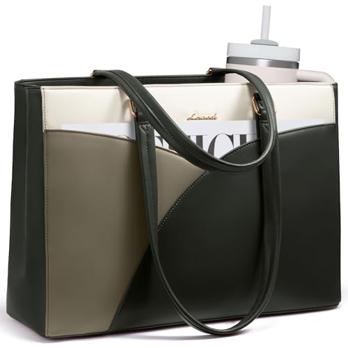 LOVEVOOK Laptop Bag for Women,15.6 Inch Work Teacher Bags Leather Tote Bag Briefcase Waterproof Computer Bag for Women，White and Green - color: White and Green, size: 15.6 Inch