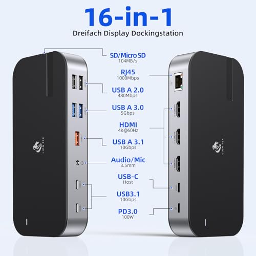Laptop Docking Station,16 in 1 USB C Docking Triple Monitor,USB C Dock Station with 3 HDMI,PD 100W, USB 3.1/3.0/2.0,RJ 45 Ethernet,microSD/SD Card,Audio for Dell/Lenovo（Include Power Adapter）