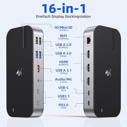 Laptop Docking Station,16 in 1 USB C Docking Triple Monitor,USB C Dock Station with 3 HDMI,PD 100W, USB 3.1/3.0/2.0,RJ 45 Ethernet,microSD/SD Card,Audio for Dell/Lenovo（Include Power Adapter）