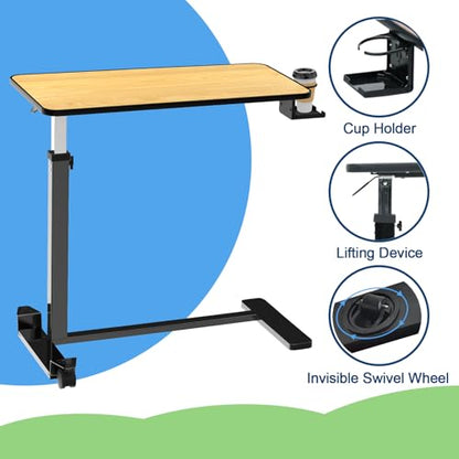 Adjustable Overbed Table with Cup Holder & Hidden Lockable Wheels | Height Adjustable Rolling Bedside Table, Teak Finish, Mobile Laptop Desk, Standing Workstation for Home Use, 30.3"W x 15.3"D - color: Teak