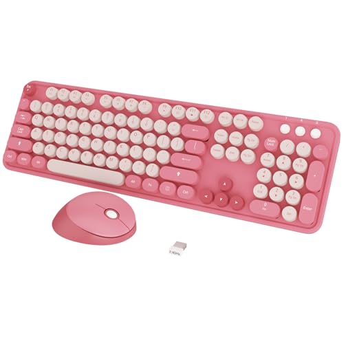 Colorful Wireless Keyboard and Mouse for PC Laptop | Cute Colorful Typewriter Retro Round Keyboard and mouse for PC Laptop - color: Pink