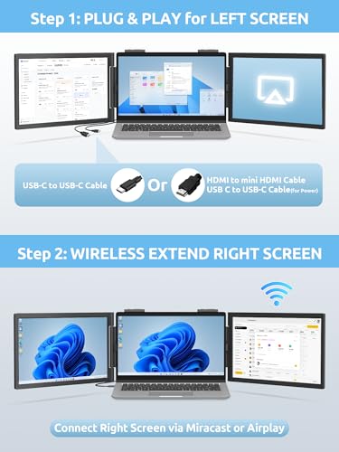 Dual Laptop Screen Extender, One Cable 14" 1080P IPS Wireless & Wired Laptop Screen, Plug & Play, Portable Triple Monitor for 13.3-16.1" Laptops, Support MacBook M1-M3 Series & Windows(No Speakers)