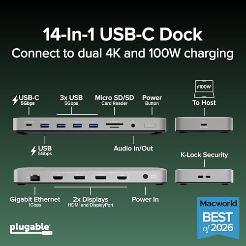 Plugable USB C Laptop Docking Station, Dual Monitor 4K 60Hz for Apple Mac M1/M2/M3/M4/M5,Neo 2X HDMI or DisplayPort for MacBook, 100W Charging DisplayLink Dock, Driver Install Required (UD-6950PDH)