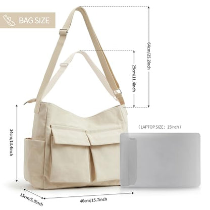 KALIDI Canvas Tote Bag Large Hobo Crossbody Shoulder Handbag Zipper Messenger Bag for Women or Men Casual College Work - color: Upgraded Beige