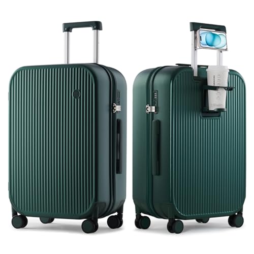 mixi Checked Luggage with Cup Phone Holder Hard Shell Rolling Travel Suitcases with Spinner Wheels,24 Inch Blackish Green - color: Blackish Green, size: 24-inch