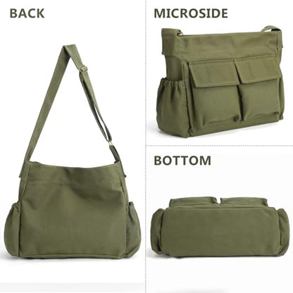 VODIU Canvas Messenger Bag Large Hobo Crossbody bags for Women,Men, Shoulder Tote Handbags with Laptop pocket - color: Army Green-1