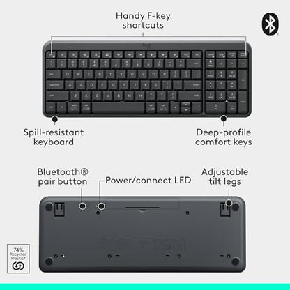 Logitech MK250 Bluetooth Wireless Keyboard and Mouse Combo - Graphite | Bluetooth connection only, compact keyboard with number pad, small ambidextrous M196 mouse with 3 non-customizable buttons - color: Graphite, style: Combo