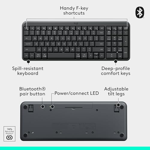 Logitech MK250 Bluetooth Wireless Keyboard and Mouse Combo - Graphite | Bluetooth connection only, compact keyboard with number pad, small ambidextrous M196 mouse with 3 non-customizable buttons - color: Graphite, style: Combo