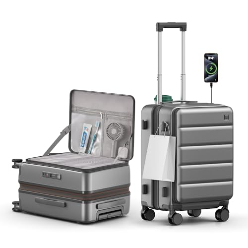Expandable 20Inch Carry On Luggage Airline Approved - Top Opening Hardside Travel Suitcase Unbreakable -with Cup Holder,USB Charge,Side Pothook, 360°Spinner Wheels, TSA Lock-Grey - color: Grey, size: 20 Inch-EXT