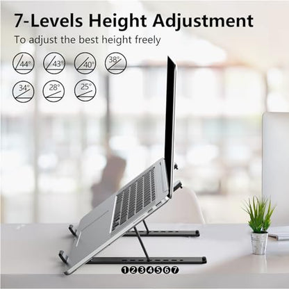 Tonmom Laptop Stand for Desk, Adjustable Laptop Riser, Black | ABS+Silicone Foldable Portable Notebook Holder, Ventilated Cooling Notebook Mount Computer Stand for 10-15.6” Laptops,Tablets - color: Black