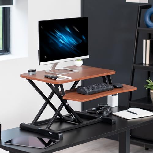 VIVO 26 inch Desk Converter, K Series, Height Adjustable Sit to Stand Riser, Dual Monitor and Laptop Workstation with Keyboard Tray, Dark Walnut Top, Black Frame, DESK-V026KA - color: Dark Walnut, size: 26"