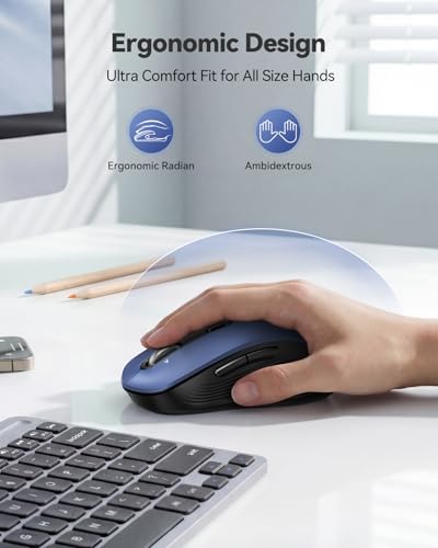 TECKNET Rechargeable Bluetooth Mouse, [ USB + BT5.0 + BT3.0 ] Wireless Mouse, Ergonomic 4-Way Scroll Wheel Computer Mice, 6-Level 4800 DPI Silent Mice, Multi-Device for Computer/Laptop/MacBook (Blue) - color: Blue