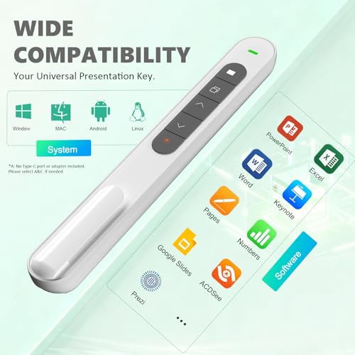 Presentation Clicker for Powerpoint Presentations, White, A | Long-Range Wireless Presenter Remote, Magnetic USB Receiver, PowerPoint Clicker Compatible with Windows/Android/macOS/Linux - color: White