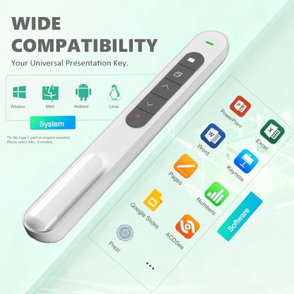 Presentation Clicker for Powerpoint Presentations, White, A | Long-Range Wireless Presenter Remote, Magnetic USB Receiver, PowerPoint Clicker Compatible with Windows/Android/macOS/Linux - color: White