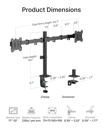 monTEK Heavy-Duty Dual Monitor Stand for 17-32", 22 lbs Each | Adjustable dual monitor mount, full-motion arms, clamp/grommet bases, cable management and VESA 75/100 - size: Dual Monitor