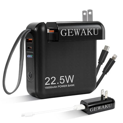 Detachable Wall Plug Portable Charger 15000mAh Power Bank 22.5W | Fast Charging Built-in Cables, 3-in-1 Compact USB-C Battery Pack Travel Essentials for iPhone 17,iPad, Android, Samsung - color: Black