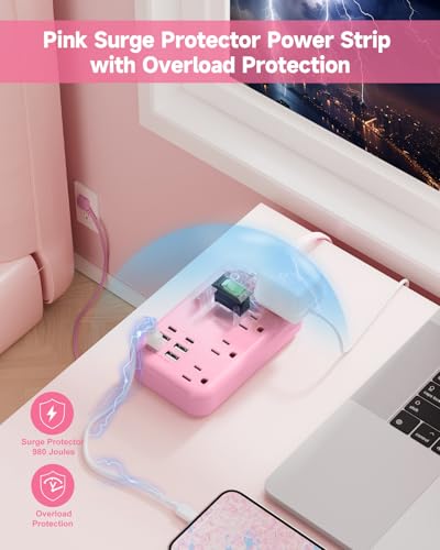 6 USB (2 USB C) Pink Extension Cord,5 Feet Travel Power Strip,4 Outlets | 6 USB,24W USB Charging Station,Travel Power Strip,Pink Desk Accessories, Surge Protector,Cute Kawaii Gifts College Dorm,5 Ft - size: Pink-24W USB-5ft-980J