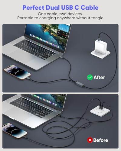 4FT 2-in-1 USB C to Dual USB C Cable, 140W USB C Splitter Cable for MacBook Pro, Intelligent Power Distribution 100W+40W or 65W+65W, Fast Charging Cord for Laptop, Tablet, Phone (Nylon Braided) - size: 4FT