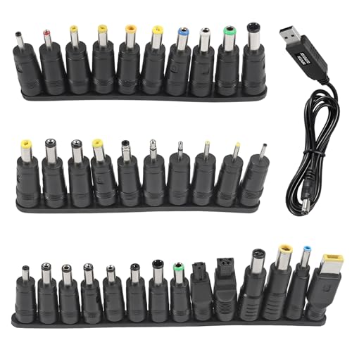 34pcs Universal Laptop Notebook Input DC Plug Set Jack Tips with DC 5V to 12V Step-up Cord WiFi to Powerbank Cable Connector USB Cable Boost Converter for Laptop, Router, Speaker, Monitor, Mini Fan - color: 34-in-1