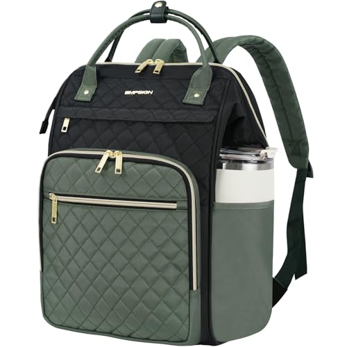 EMPSIGN 17 Inch Laptop Backpack for Women, Black-Army Green | Computer Bag, Work Business Travel College, Large Capacity, Water-repellent, Quilted Casual Daypack - color: Black/Army Green, size: 17 inch