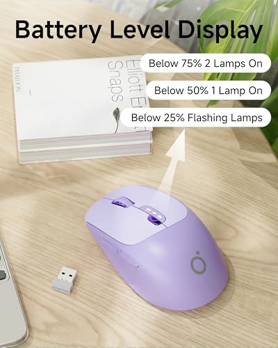 SEUNKWANG Dual-Mode Wireless Mouse with Visible Battery Indicator, Silent Rechargeable Bluetooth & 2.4G Computer Mouse, 1600 DPI, One-Click Privacy Key, Portable Mice for Laptop/PC/Mac - Purple - color: Purple