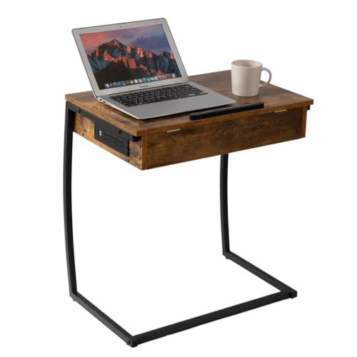 Hadulcet C Shaped End Table with Charging Station, Tiltable 0-52° | TV Tray Table Couch Tables That Slide Under, C Table End Table with Storage, Small Table Couch Desk for Small Spaces, Brown - size: 25.6"