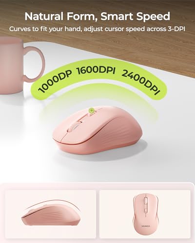 seenda Wireless Bluetooth Ergonomic Keyboard Mouse Combo, Full Size, Pink | USB/Bluetooth multi-device switching, with wrist rest, number pad, and quiet operation for PC, laptop, Mac, MacBook, and iPad - color: Pink