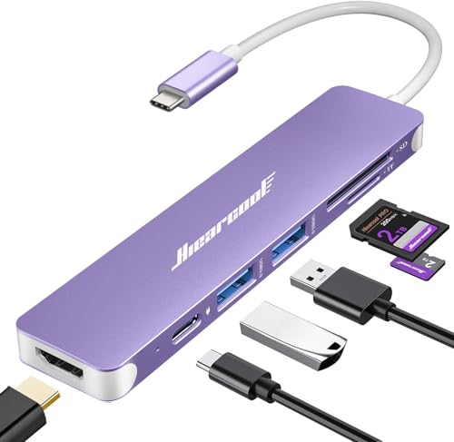 Hiearcool USB C Hub, 7-in-1 USB C Dongle for MacBook, HDMI, PD, Purple - color: Light Purple