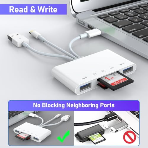 5-in-1 SD Card Reader for iPhone with USB-C, USB-A & OTG Adapter | Lightning, USB-C & USB-A Card Reader with SD/TF Slots, USB Port and Charging for iPhone, iPad, Android, MacBook & PC - color: White
