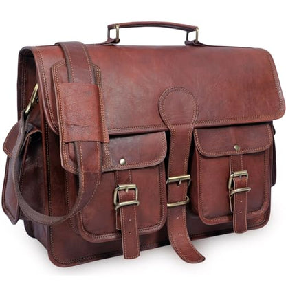 Genuine Leather Messenger Bag for Men & Women, Handmade Vintage Laptop Shoulder Bags with Adjustable Strap, Crossbody Briefcase for Office, College and Travel - 18 Inch, Brown