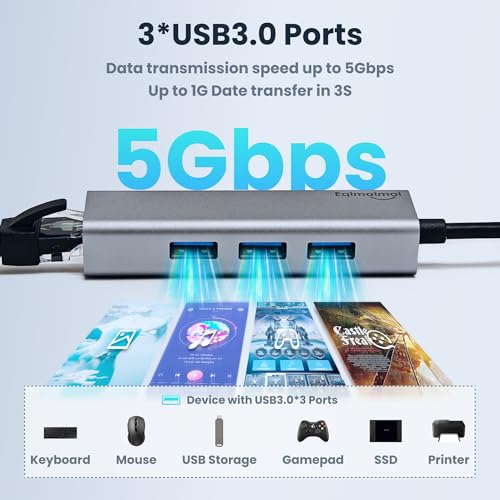 USB 3.0 Hub with Ethernet Adapter - 1GB RJ45, USB A to Ethernet, Compatible with Windows, Mac OS, Linux - color: USB A GRAY