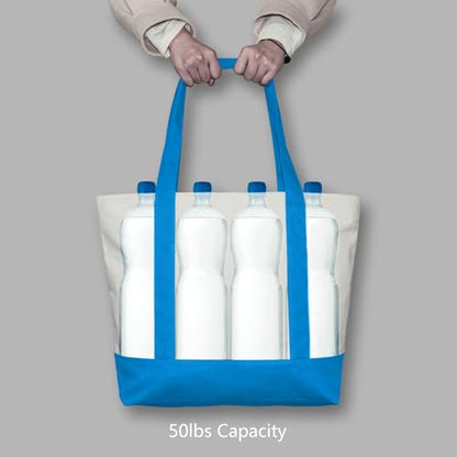 TOPDesign 1-Pack Canvas Tote Bag with an External Pocket, Reusable Grocery Shopping Bag, Top Zipper Closure, Daily Essentials (Ocean Blue/Natural) - color: Ocean Blue/Natural