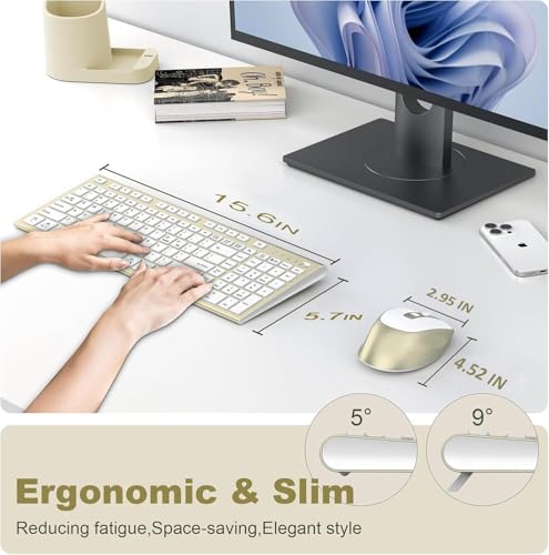 Rechargeable Wireless Keyboard and Mouse with Number Pad Gold | Quiet Silent, Slim Thin Flat Low Profile Soft Key, USB C, with Skin Cover, Ergonomic Mouse, for Mac Windows PC, Home Office - color: Gold