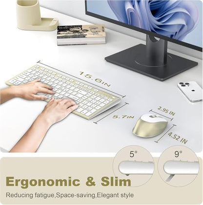 Rechargeable Wireless Keyboard and Mouse with Number Pad Gold | Quiet Silent, Slim Thin Flat Low Profile Soft Key, USB C, with Skin Cover, Ergonomic Mouse, for Mac Windows PC, Home Office - color: Gold