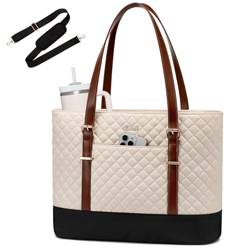LOVEVOOK Laptop Bag for Women, 15.6 Inch Work Tote Computer Bag With Large Cup Holder, Lightweight Large Laptop Briefcase for Travel, Bussiness, Teacher - color: Beige-brown-black, size: 15.6 Inch
