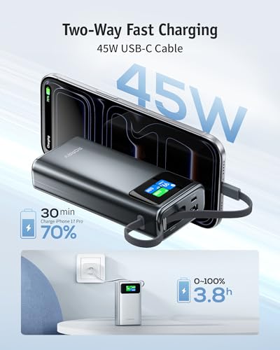 RORRY 45W Portable Charger, 20000mAh Power Bank, iPhone Battery Pack | Fast Charging, Extended Built-in USB C Cable, Smart Display, For iPhone 17/16/15, Galaxy, Pixel, iPad, Travel Essential - color: Dark Gray