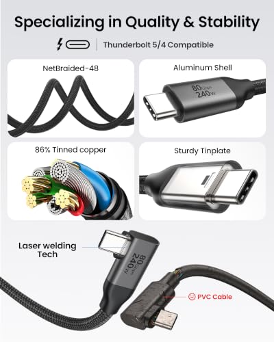 Silkland 80Gbps Right Angle USB 4 Cable for Thunderbolt 5 Cable 4FT, 120Gbps Bandwidth for 16K/Dual 8K, 240W, 90 Degree Braided USB C Video Cable Compatible Thunderbolt 4/5, MacBook M4 Pro,Dock - size: 4FT