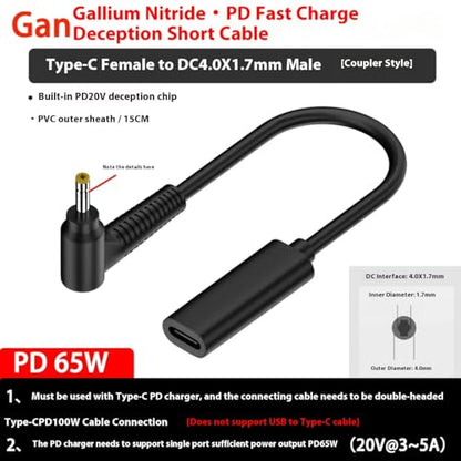 100W PD Power Charger Tip USB C to Slim Laptop Charging Cable Adapter Converter for Dell Laptop 18-20V (Dedicated for Dell (for 45W/65W/90W Power), 4.0mm Small Head) - size: 4.0mm small head