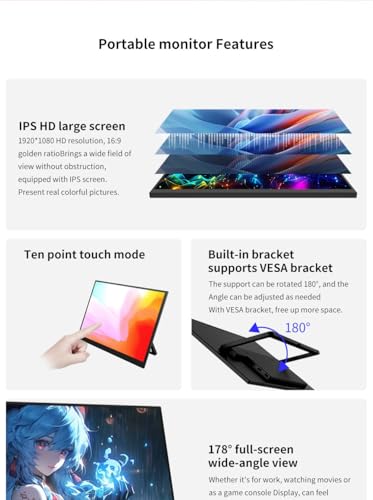cjc 15.6" FHD Portable Touch Screen Monitor with Kickstand - USB C HDMI External Travel Display for Laptop, Phone, Gaming Console, Second Screen (15.6“ 60Hz) - size: 15.6“ 60Hz