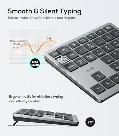 Nulea Wireless Number Pad Bluetooth 5.0 & 2.4G Portable Numeric Keyboard, USB-C Rechargeable, 34-Keys Bluetooth Keyboard for Data Entry, Compatible for Laptop, Mac, iMac, Tablet, PC Desktop | 34 Key Numeric Keypad with USB-C Charging, Portable Slim Design