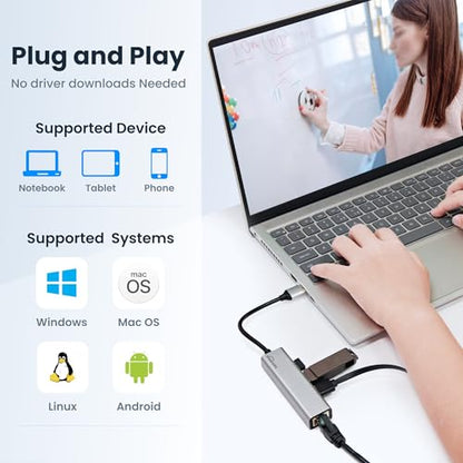 USB 3.0 Hub with Ethernet Adapter - 1GB RJ45, USB A to Ethernet, Compatible with Windows, Mac OS, Linux - color: USB A GRAY