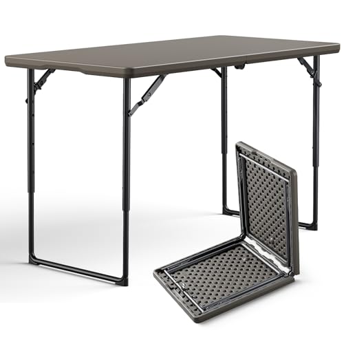 Folding Table, 4FT Foldable Picnic Table with Carrying Handle, Heavy Duty Fold-in-Half Portable Table for Weddings, Camping, RV Travel, Parties, BBQs, and Indoor Use, Easy to Fold and Store, Khaki - color: Khaki, size: 4FT