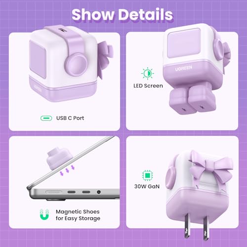 UGREEN Uno 30W USB C Charger Block, Compact Nexode Robot GaN Fast Charger for iPhone 17/16/15/14, Galaxy S26/S25/S24/S23, Pixel 10/9/8/7, MacBook Neo/Air, iPad Pro, Kawaii Purple - color: Purple